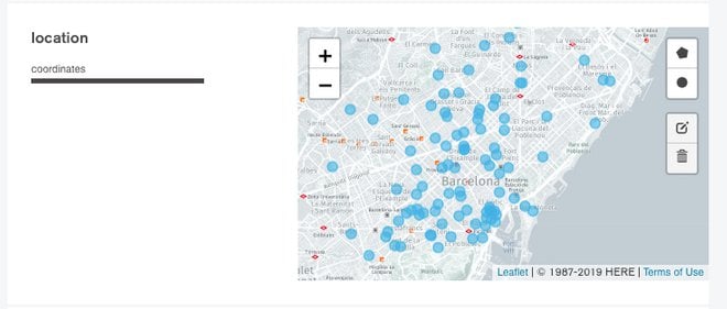 esempio di visualizzazione sulla mappa degli appartamenti di una collezione in Mongodb Compass