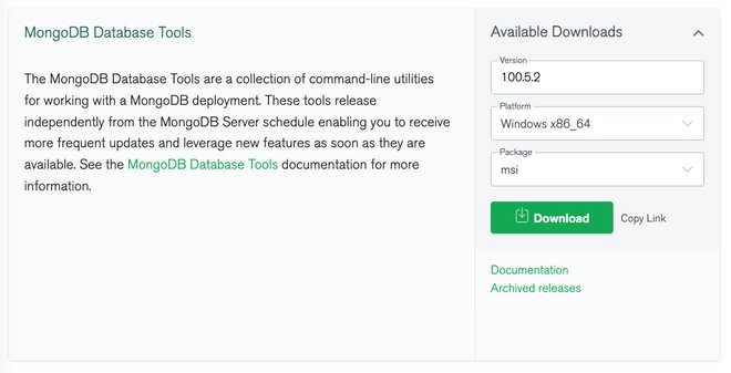 Pagina download di MongoDB Database Tools