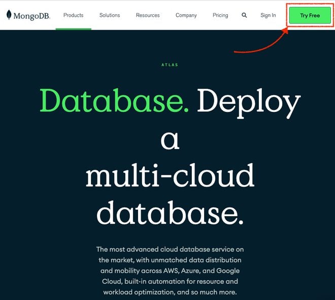 Pagina iniziale di MongoDB Atlas