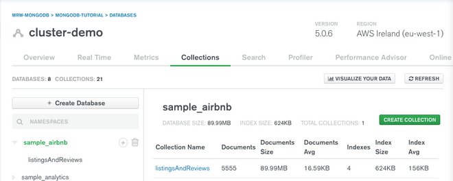 Informazioni dettagliate sulle collezioni presenti in un database in MongoDB Atlas