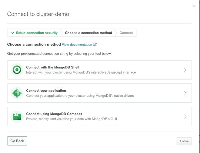 Finestra di dialogo connessione a MongoDB Atlas