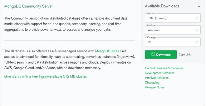 schermata di download di mongodb per windows 10