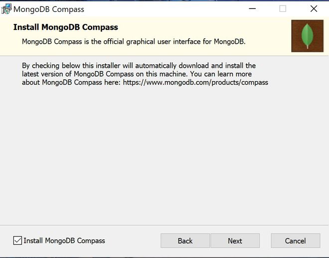 schermata installazione mongodb compass in windows 10