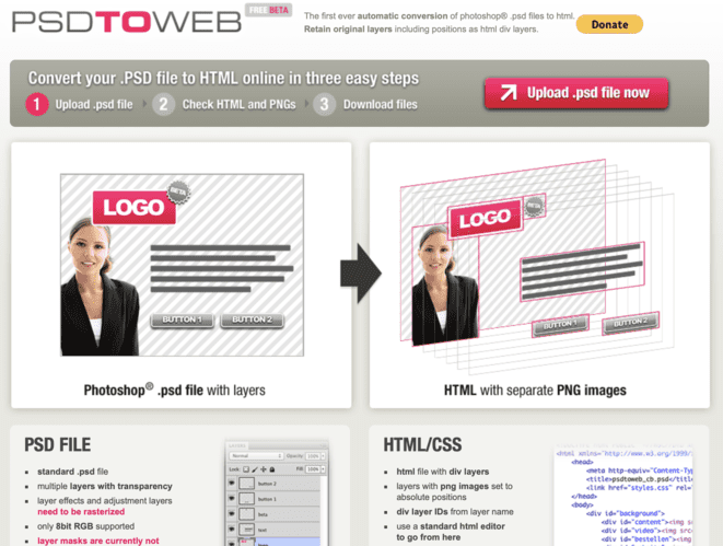 Conversione PSD in HTML tramite psd2web.de