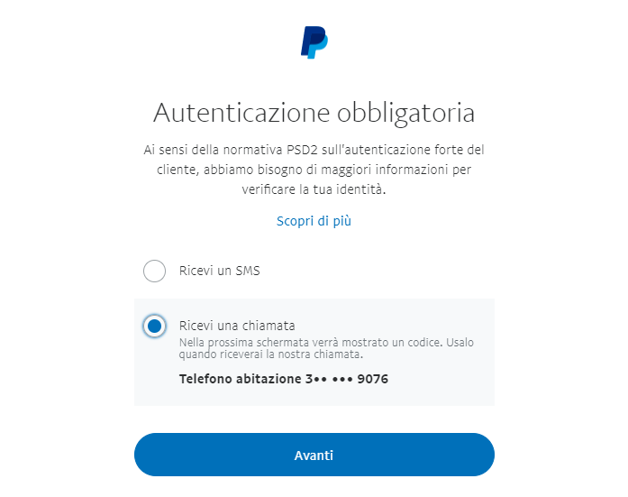 Autenticazione a due fattori per accedere a PayPal