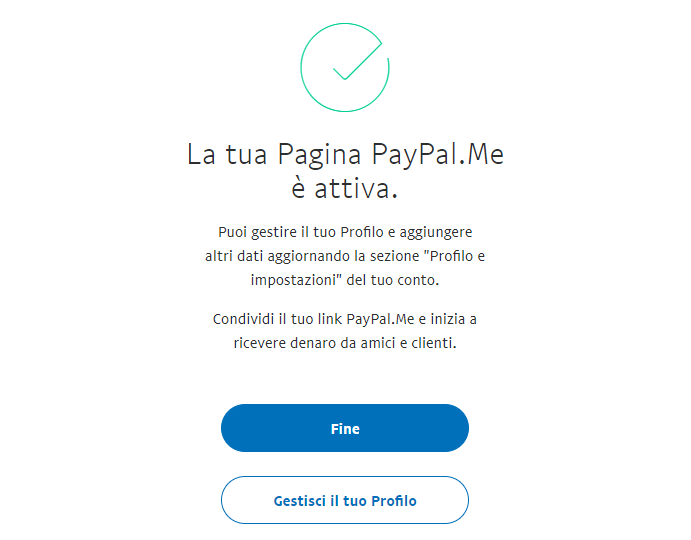 Conferma attivazione del link PayPal.Me