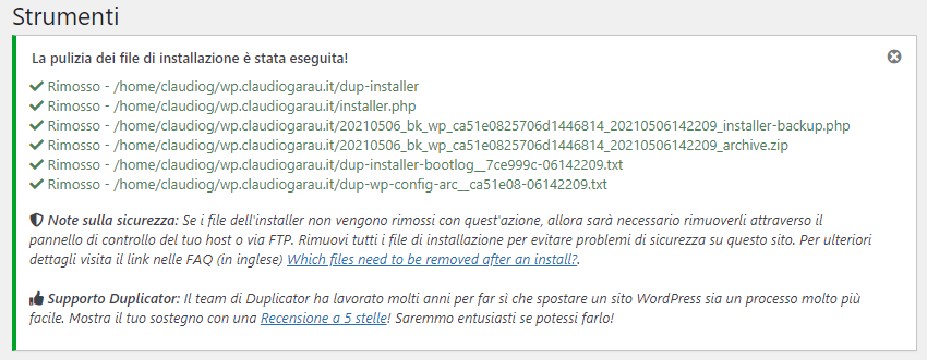 Rimozione file di installazione