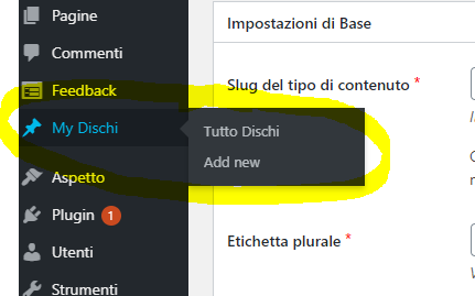 Voce di menu del nuovo CPT