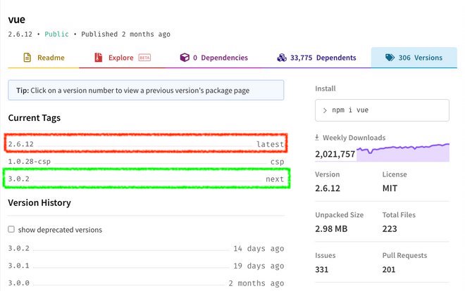 elenco versioni di vue.js su npm.com