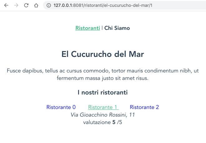 schermata del componente Restaurant dopo aver attivato RestaurantLocation in un'applicazione che usa vue router