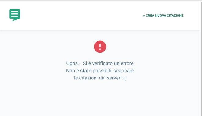 schermata applicazione in caso di errore nell'accesso al server