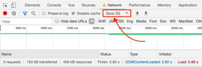 impostazioni network throttling degli strumenti per sviluppatori del browser