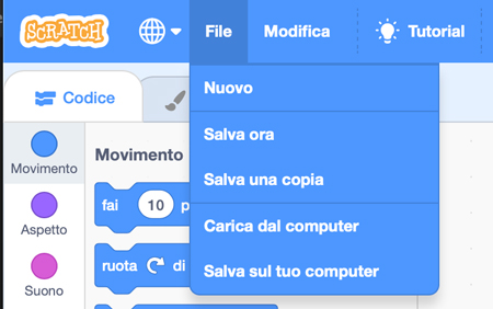 Salvare un progetto Scratch