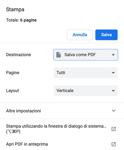 Salvare come PDF in Google Chrome