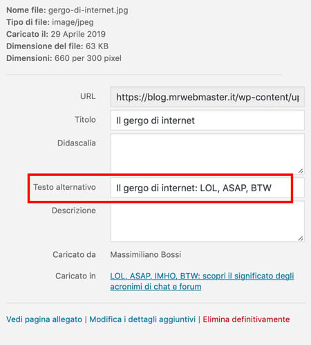 Aggiungere il testo alternativo ad un'immagine in WordPress