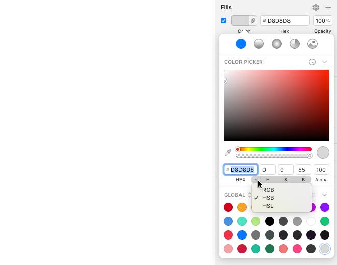 opzioni colore di riempimento inspector sketch