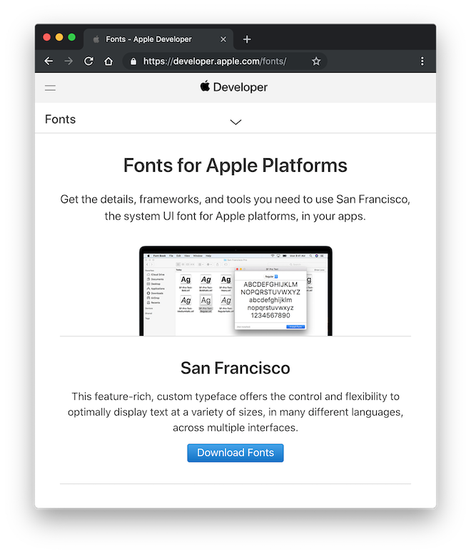 Pagina di download del carattere tipografico San Francisco