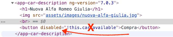 esempio errato attributo disabled applicato a un pulsante in un'applicazione Angular