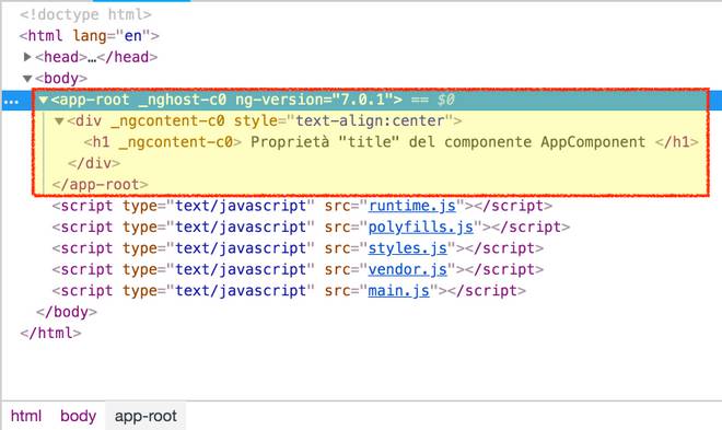 codice HTML del componente AppComponent visto nel browser