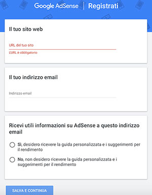 Il primo passaggio per iscriverti ad AdSense