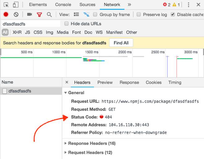 pannello Network di Chrome developer tools mostrante l'header di un messaggio http con errore 404