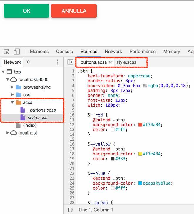 pannello source degli strumenti per sviluppatori di Google Chrome con accesso ai file con estensione .scss