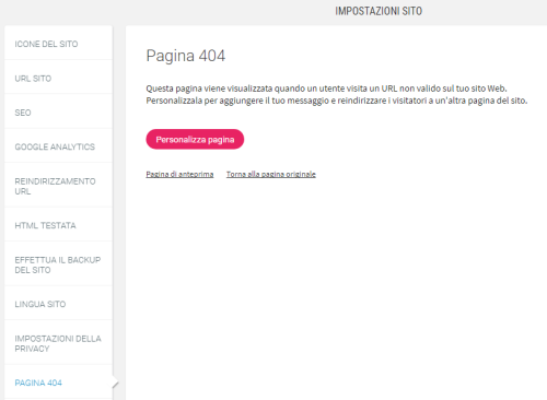 impostazione pagina 404