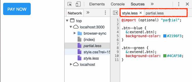 pannello source devtools con accesso ai file less