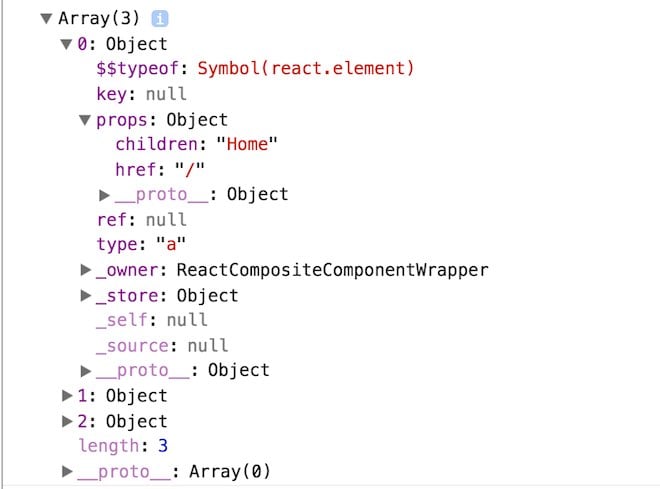 output nella console dell'array di oggetti this.props.children