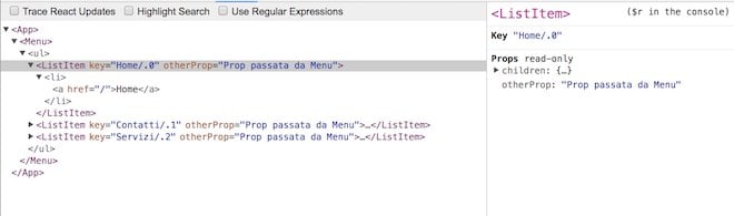 screenshot di React Dev Tools in cui viene mostrata la struttura JSX dell'elemento Menu