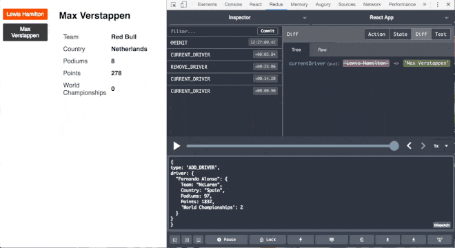 react redux dev tools add driver action