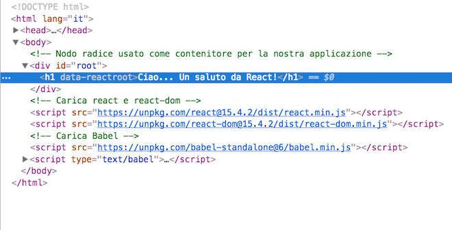 codice html semplice applicazione react