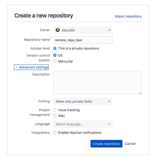 completamento form per la creazione di un nuovo repository su bitbucket