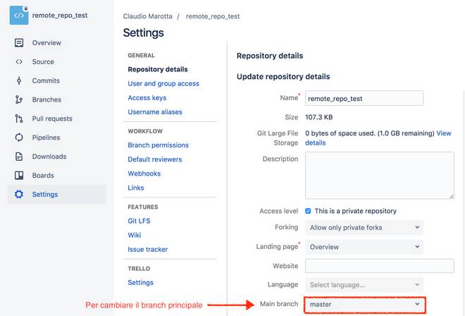 impostazioni repository bitbucket