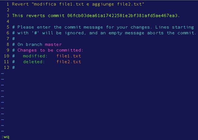 messaggio commit in seguito all'esecuzione del comando git revert