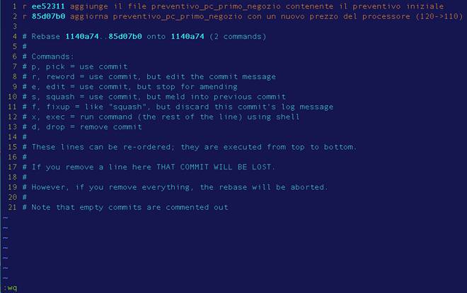 git rebase interattivo con istruzioni per modificare i messaggi dei commit