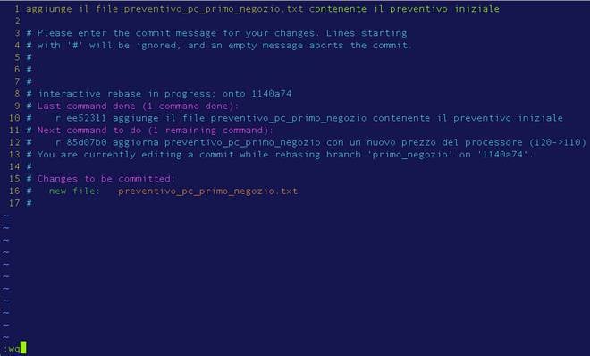 schermata per modificare il primo messaggio dei commit del branch primo_negozio durante il rebase interattivo