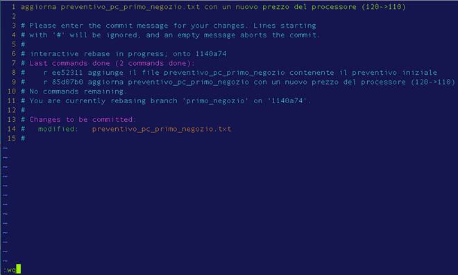 schermata per modificare il primo messaggio dei commit del branch primo_negozio durante il rebase interattivo