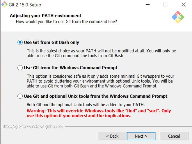 step 5 del processo d'installazione git su windows