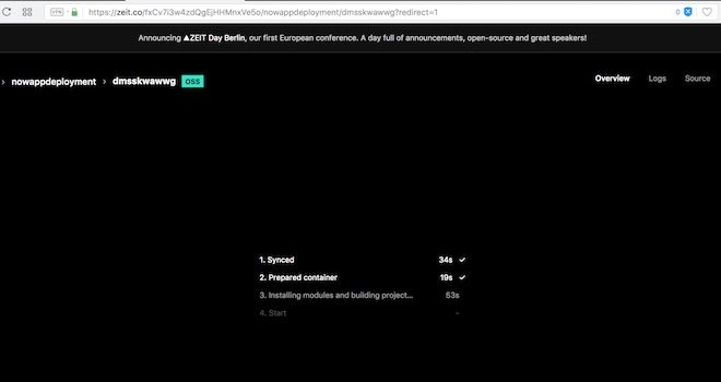 output nel browser del primo upload dei file usando il comando now