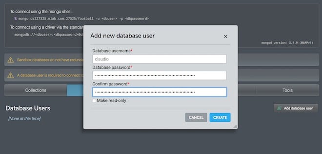 processo creazione database mlab creazione utente