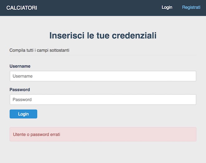 login form con credenziali errate