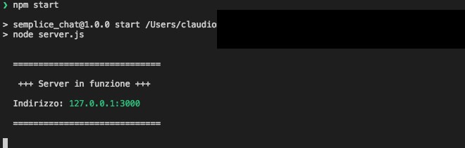 output del terminale dopo l'esecuzione del comando npm start per avviare il server