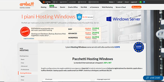 Aruba propone diverse soluzioni di Hosting Windows