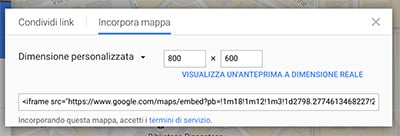 Personalizziamo le dimensioni della mappa da incorporare nel sito
