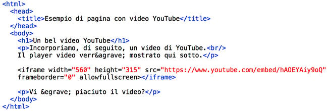 Codice HTML di una ipotetica pagina web