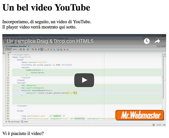 Esempio di video YouTube incorporato in una pagina web