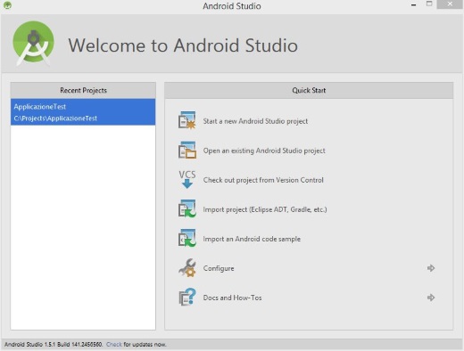 welcome screen di Android Studio