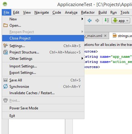 Chiudere un progetto in Android Studio