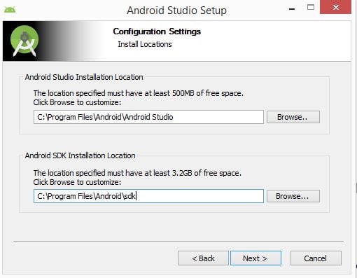 Percorso di installazione di Android Studio e SDK